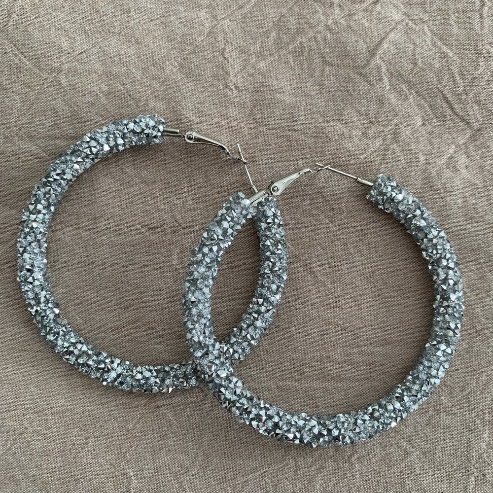 Silver, rhinestone, glitter hoops, lightweight and so fun!